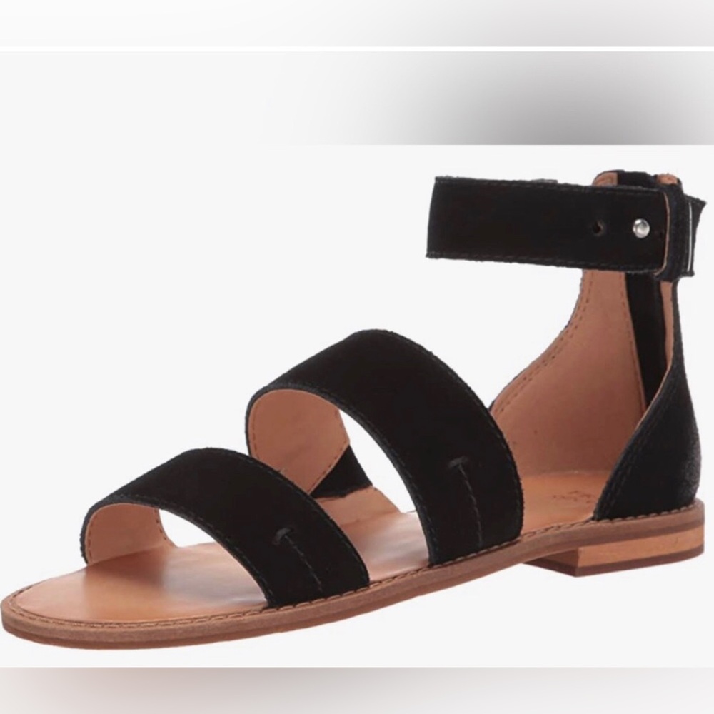 Frye And Co Black Suede Strap Zippered Evie Flat Sandal Size 8